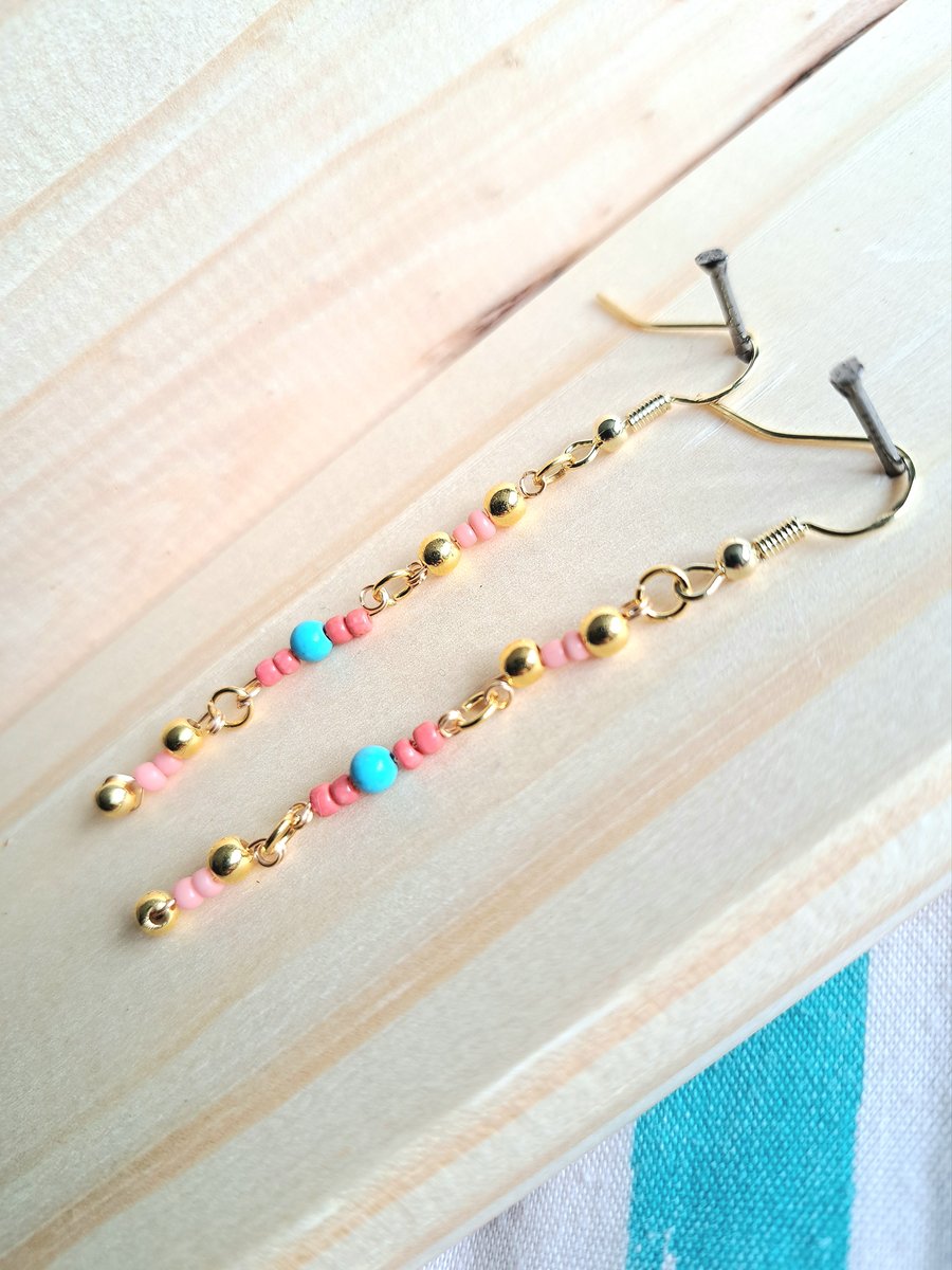 Real Turquoise beaded drop Earrings 14k gold plated