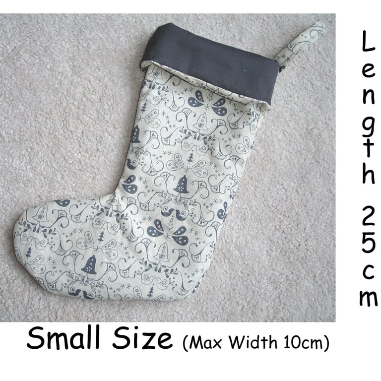 SMALL Christmas Stocking Bells Silver Grey Scandi Birds Xmas Stockings 10"