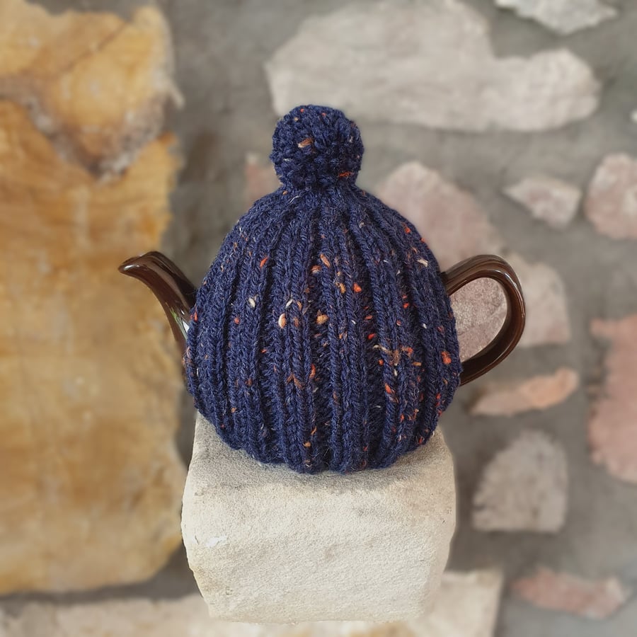 Small Tea Cosy for 2 Cup Tea Pot, Navy Tweed, Hand Knitted