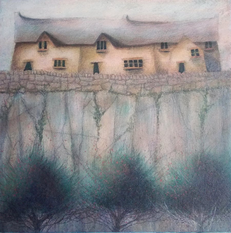 Quarry Workers' Cottages - original acrylic painting 15cms x 15cms unframed