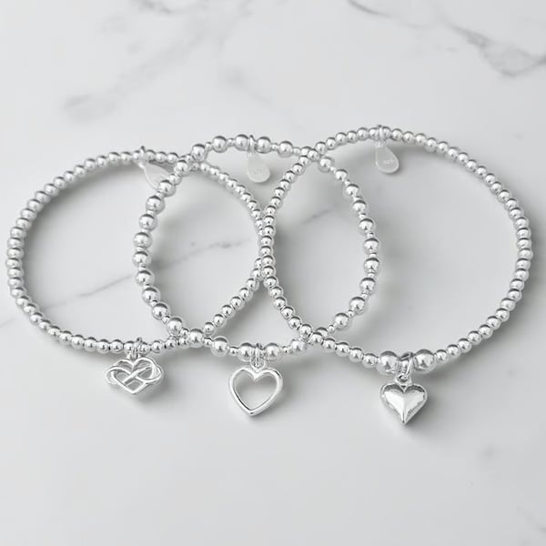 Sterling Silver Heart Charm Stretch Bracelet Set 925