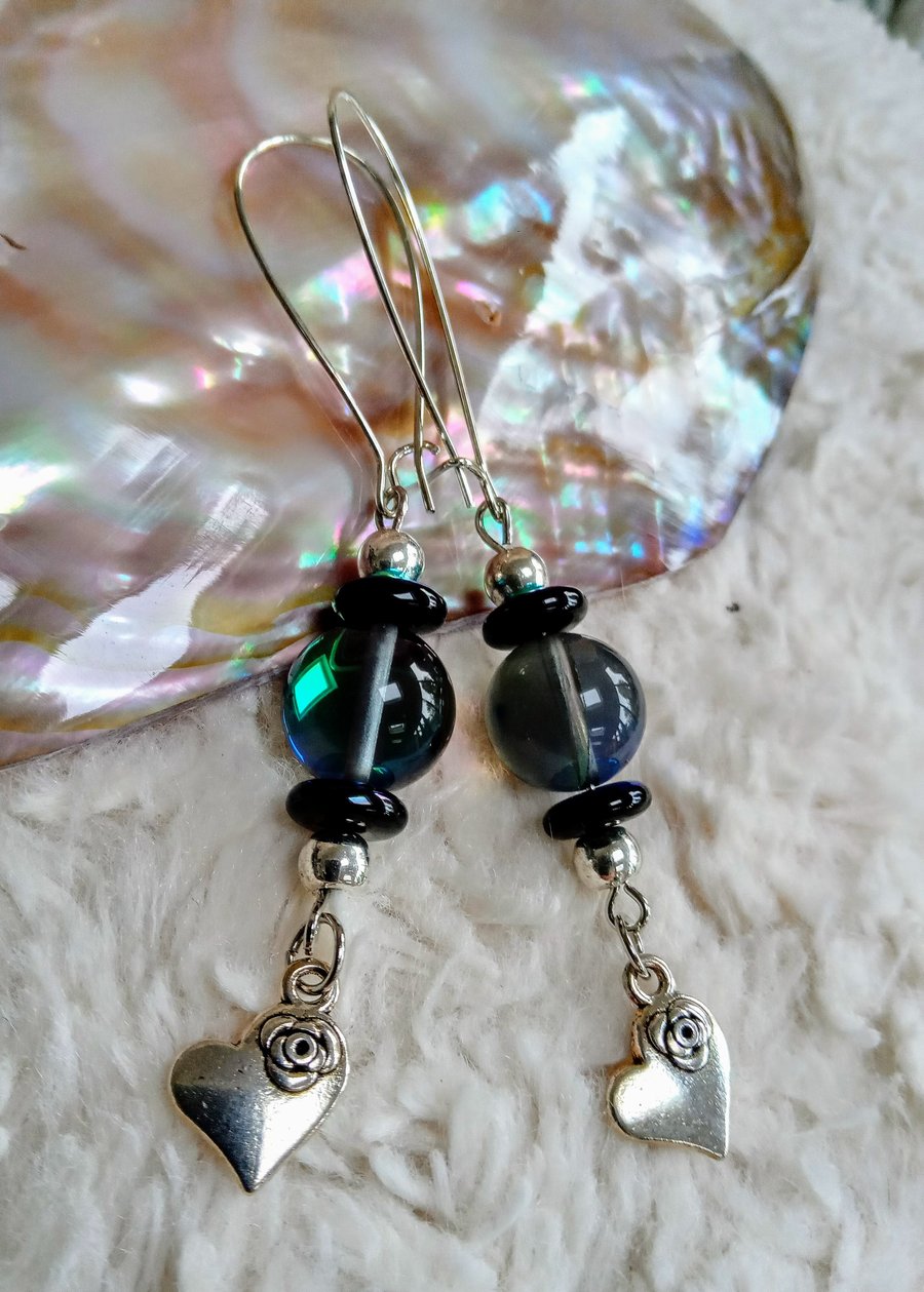Beautiful RAINBOW MOONSTONE & glass bead silvertone EARRINGS