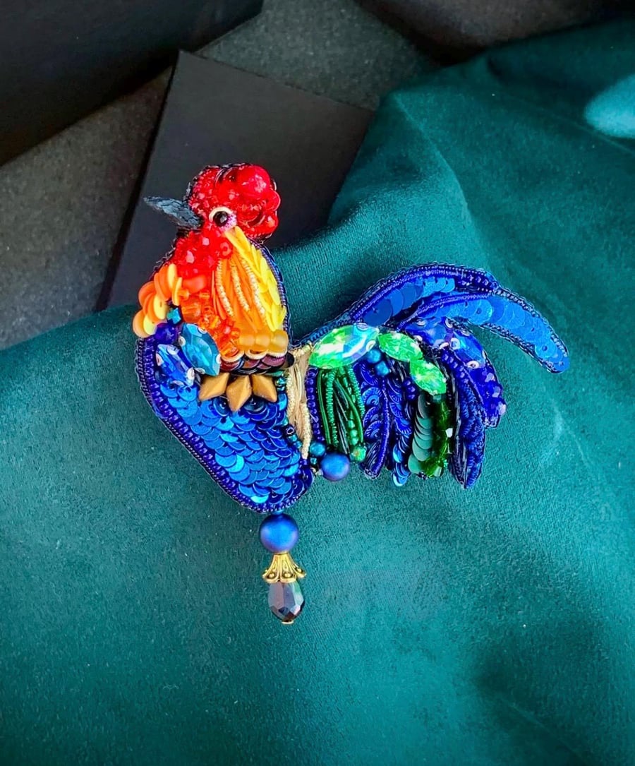 Handmade Beaded Rooster Brooch, Colorful Chicken Pin, Unique Animal Jewelry, Emb