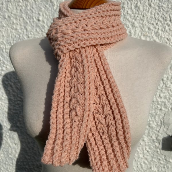 Handmade crochet scarf in powder pink wool mix yarn