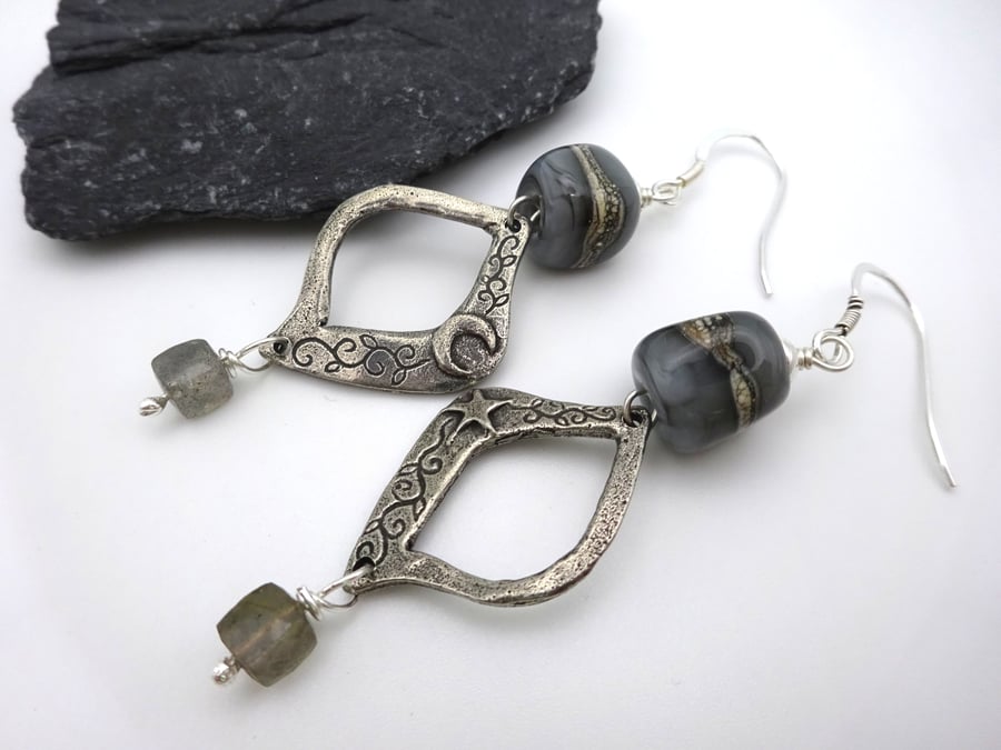 grey lampwork glass earrings, moon and star
