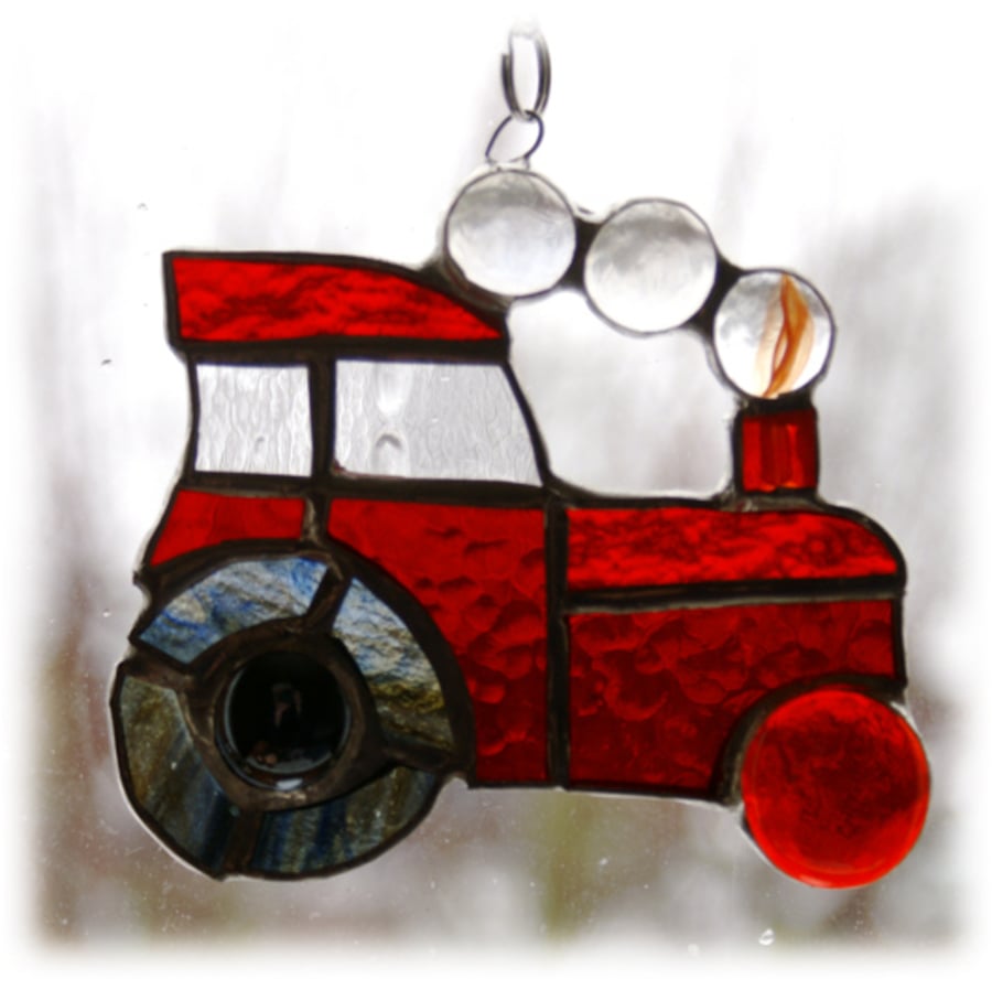 Tractor Suncatcher Red Stained Glass Handmade Farm