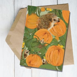 Hedgehog card, pumpkin card, hedgehog lover card, wildlife love card