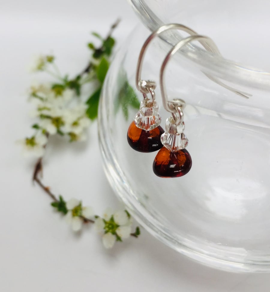 Sterling Silver Amber and Crystal Earrings