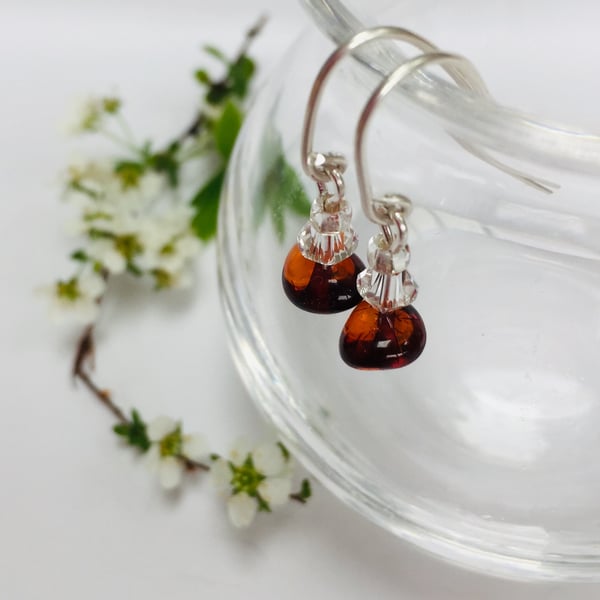 Sterling Silver Amber and Crystal Earrings