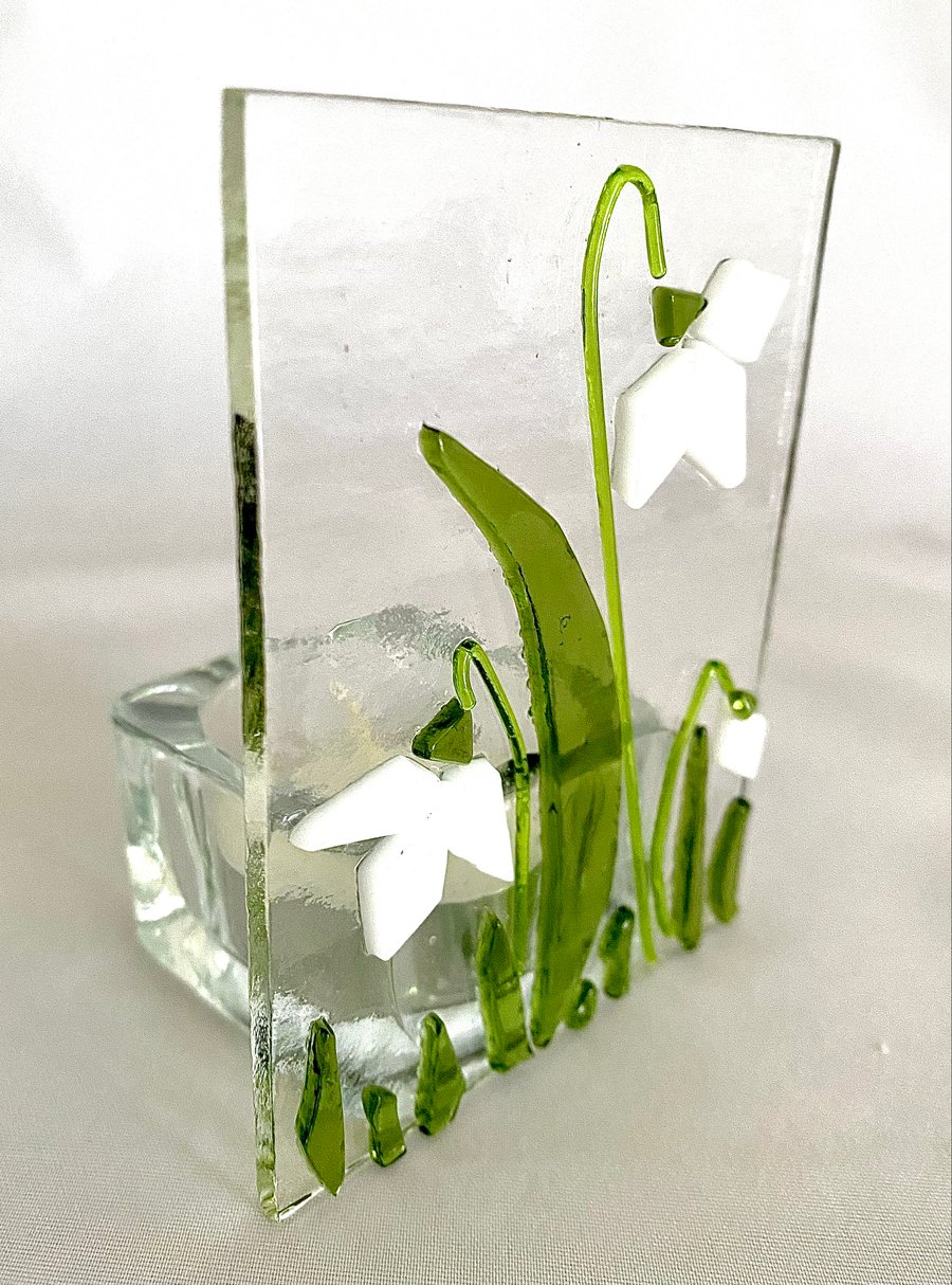 Snowdrop Fused Glass Tea Light Candle Holder