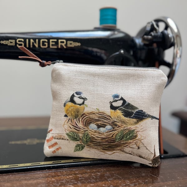 Blue tit nest linen small zip pouch
