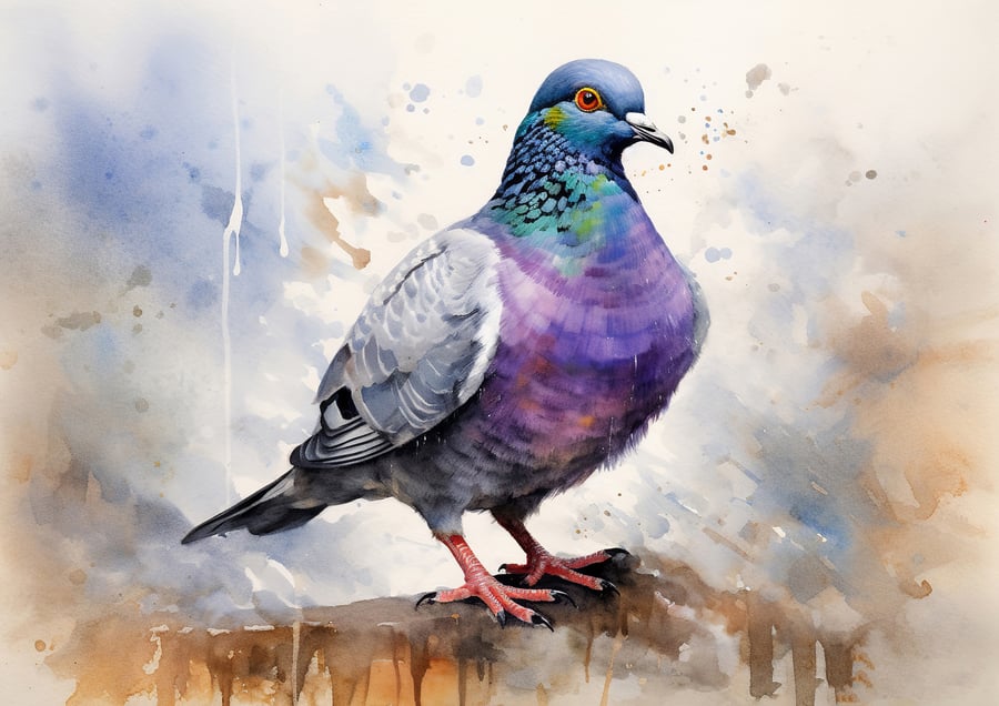 Urban Pigeon Watercolor Print - Vivid City Bird Artwork 5x7 Decor