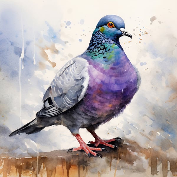 Urban Pigeon Watercolor Print - Vivid City Bird Artwork 5x7 Decor