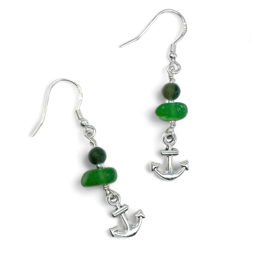 Anchor Earrings. Green Sea Glass & Jade Crystal Beads. Silver Jewellery