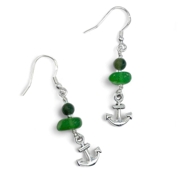 Anchor Earrings. Green Sea Glass & Jade Crystal Beads. Silver Jewellery