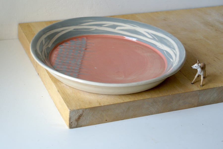 Seconds sale - Feathered ceramic charger plate in grey and pink