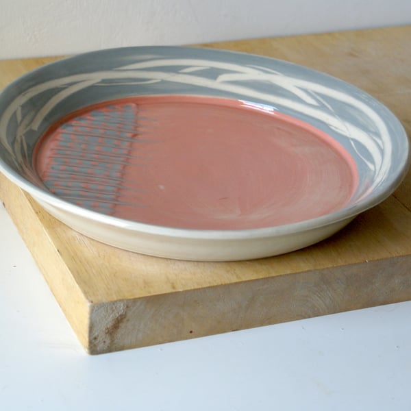 Seconds sale - Feathered ceramic charger plate in grey and pink