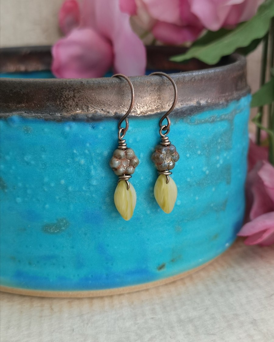 Olive green flower and leaf Czech glass bead copper earrings