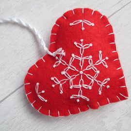 Scandi Felt Heart Christmas Decoration, Snowflake Heart