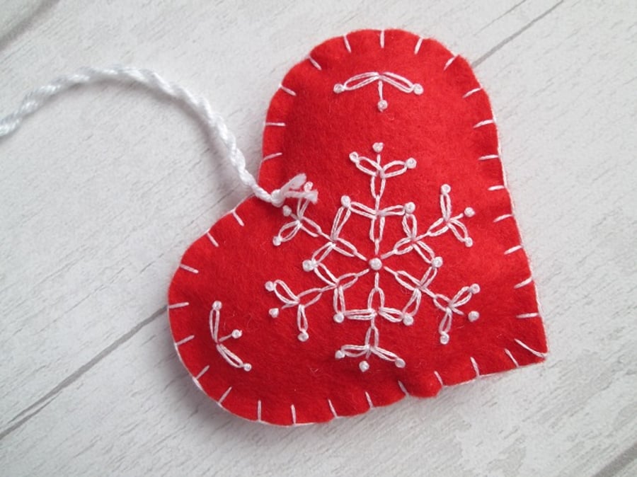 Scandi Felt Heart Christmas Decoration, Snowflake Heart