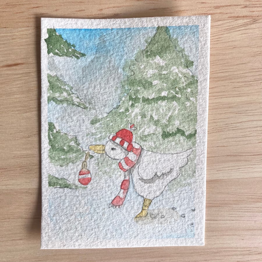 Snowy Goose, miniature watercolour painting on watercolour paper, trading card