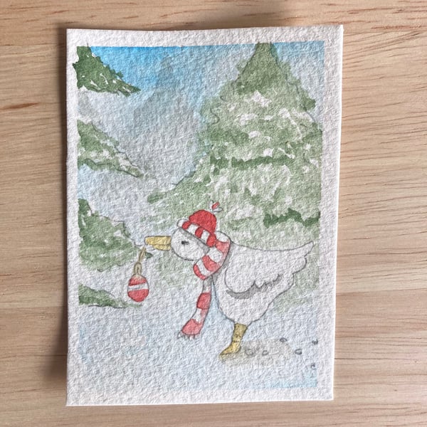 Snowy Goose, miniature watercolour painting on watercolour paper, trading card