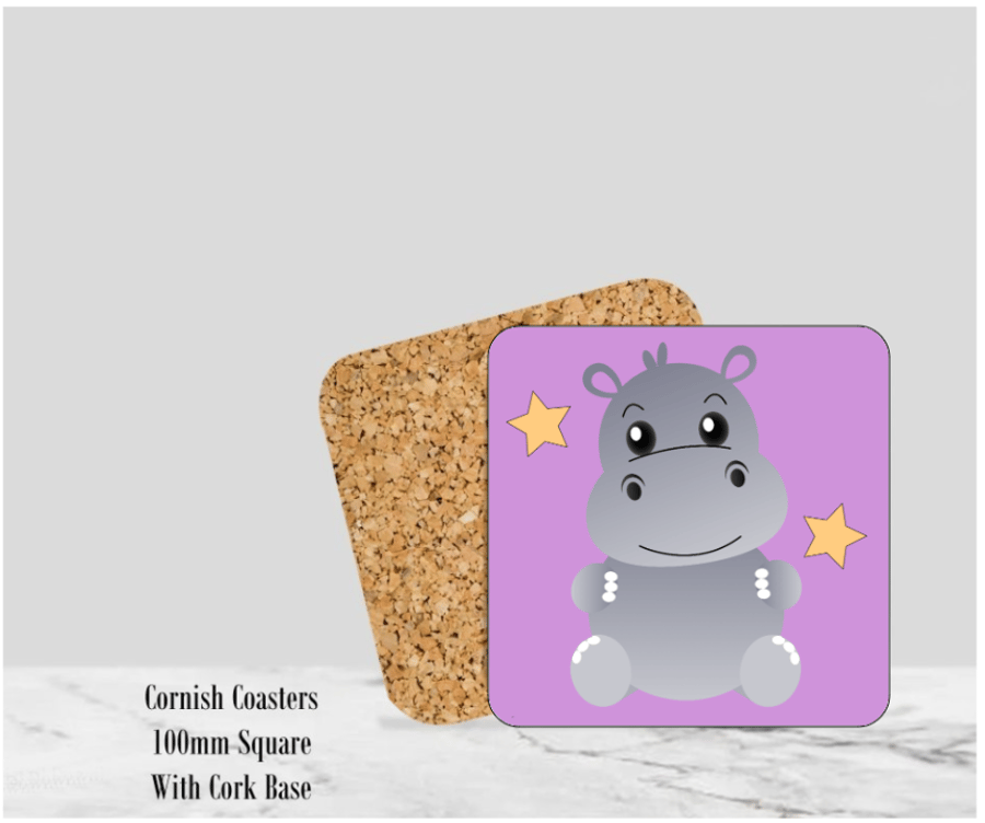 Purple Happy Hippo Coaster 4" Square With Cork Base