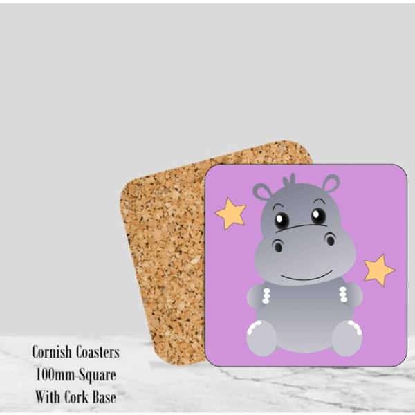 Purple Happy Hippo Coaster 4" Square With Cork Base
