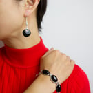 Black Onyx  Pendant Necklace on Silver chain, Bracelet and Long Drop Earrings