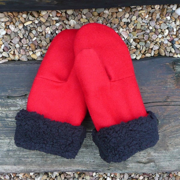 Red british wool tweed mittens black sherpa fleece lined ladies gloves