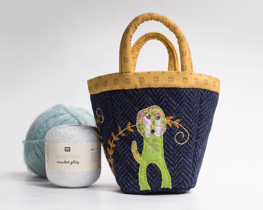 Navy bijou project bag with hand embroidered dog and fern