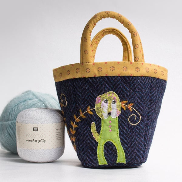 Navy bijou project bag with hand embroidered dog and fern