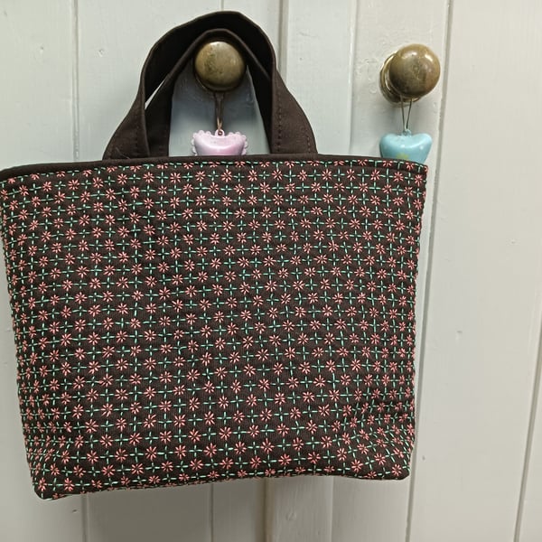 Small brown tote bag with sashiko embroidery detail 