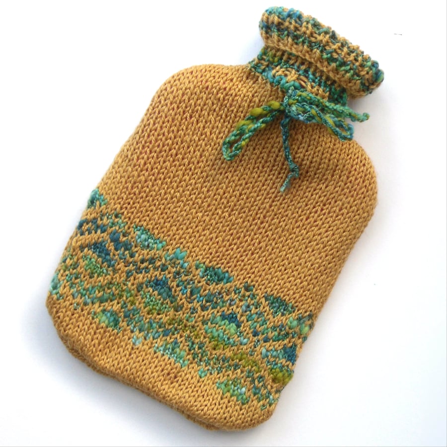Golden Yellow knitted hot water bottle cover