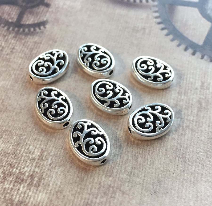 Pack of 30 - Oval Spacer Beads Antique Silver Carved
