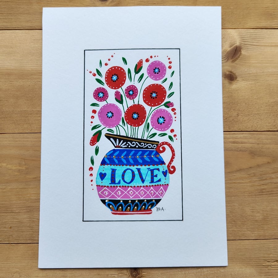 Poppies Love jug folk art painting, flowers A5 original artwork whimsical unique