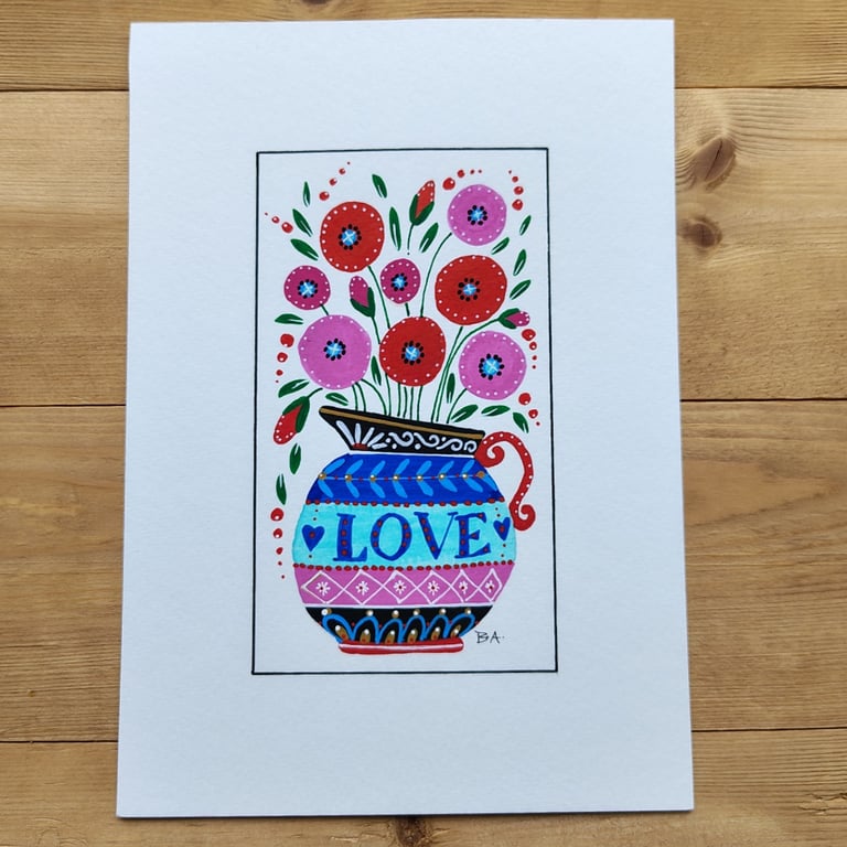 Poppies Love jug folk art painting, flowers A5 original artwork whimsical unique