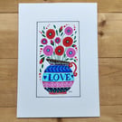 Poppies Love jug folk art painting, flowers A5 original artwork whimsical unique