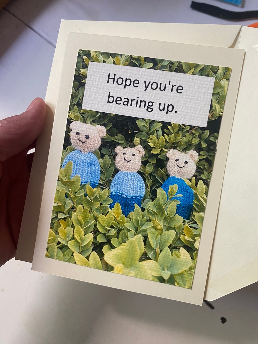Knitted mini bears, cute greeting card with envelope