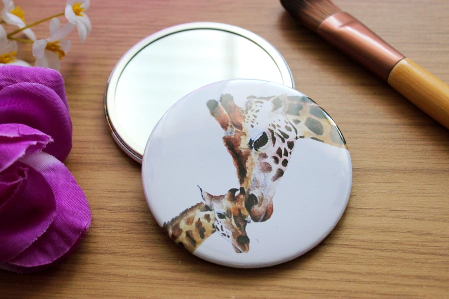 Giraffe Pocket Mirror - 76mm Round Compact Mirror, Wildlife Art Mirror