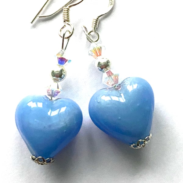 Blue Murano glass handmade heart earrings with Swarovki crystal.