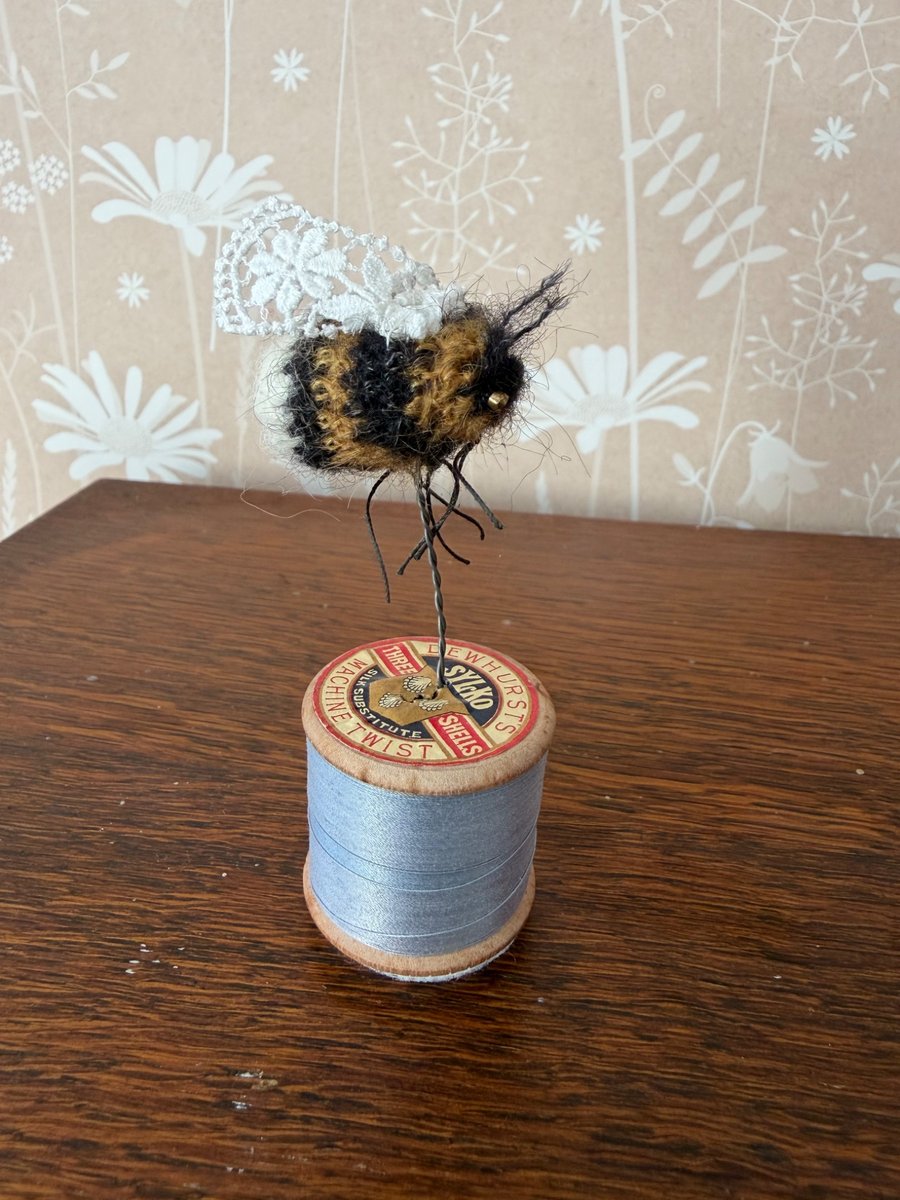 Mini Bobbinbee - Crochet Bee on a vintage wooden bobbin