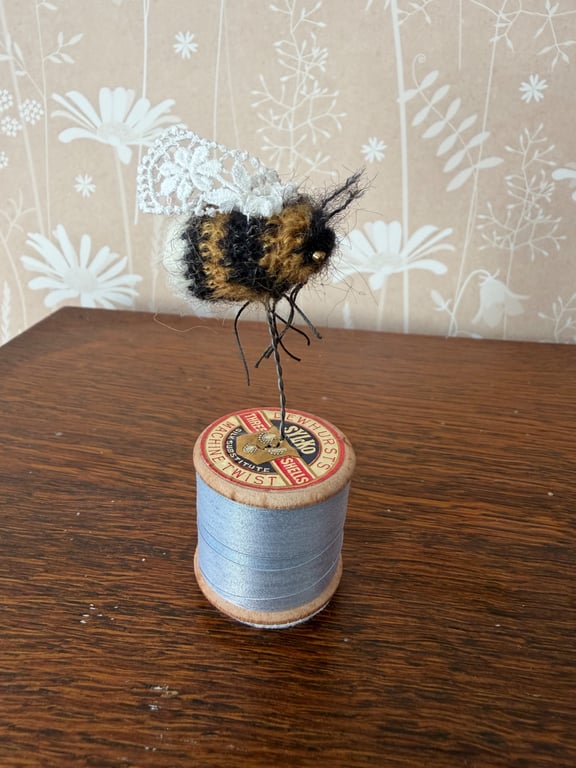 Mini Bobbinbee - Crochet Bee on a vintage wooden bobbin