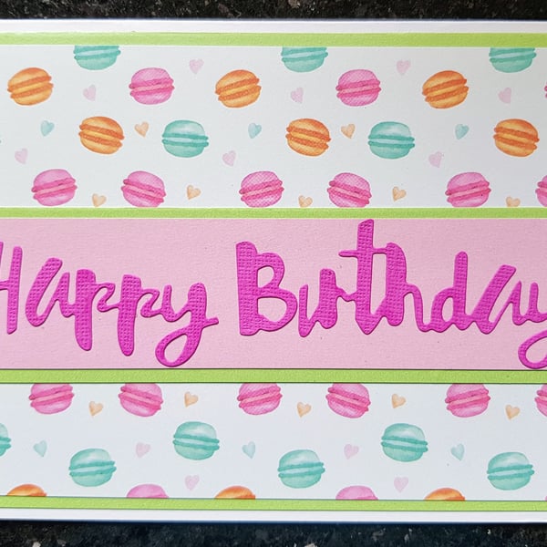 Birthday Card Handmade Macaron Background 5”x7” Landscape Die-cut Centre Strip