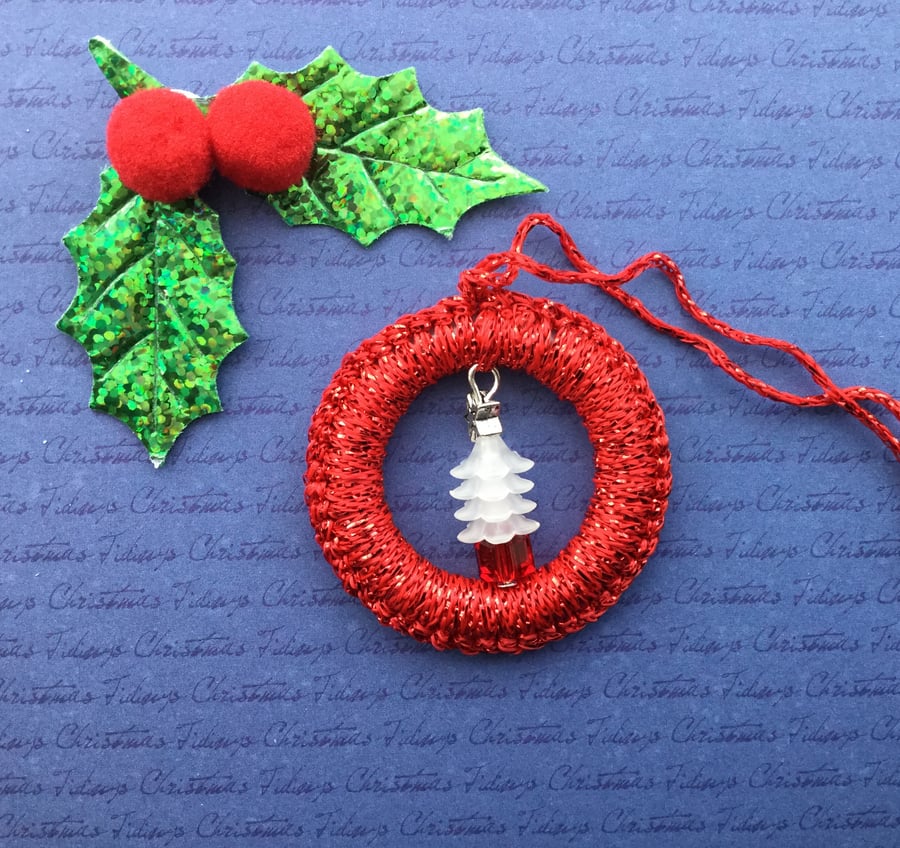 Crochet Christmas Tree Decoration in Red with a White Beaded Tree