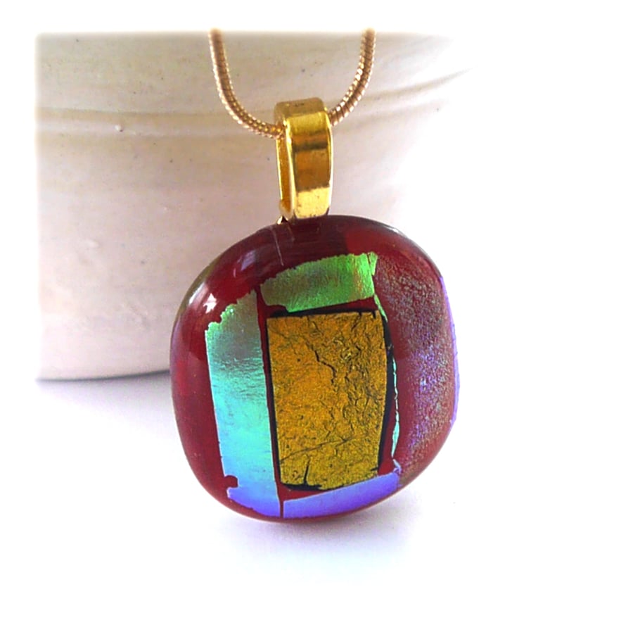 Red Dichroic Glass Pendant 160 Gold Shimmer with gold plated chain