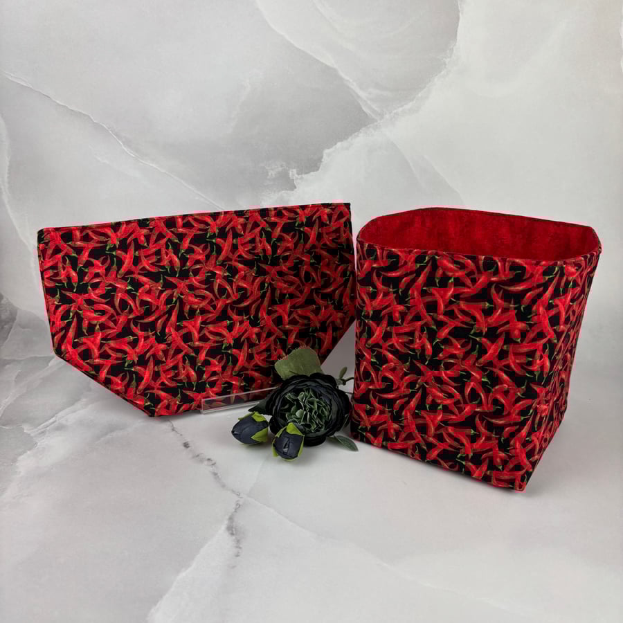Chillis fabric basket, Chilli peppers storage bin, Handmade