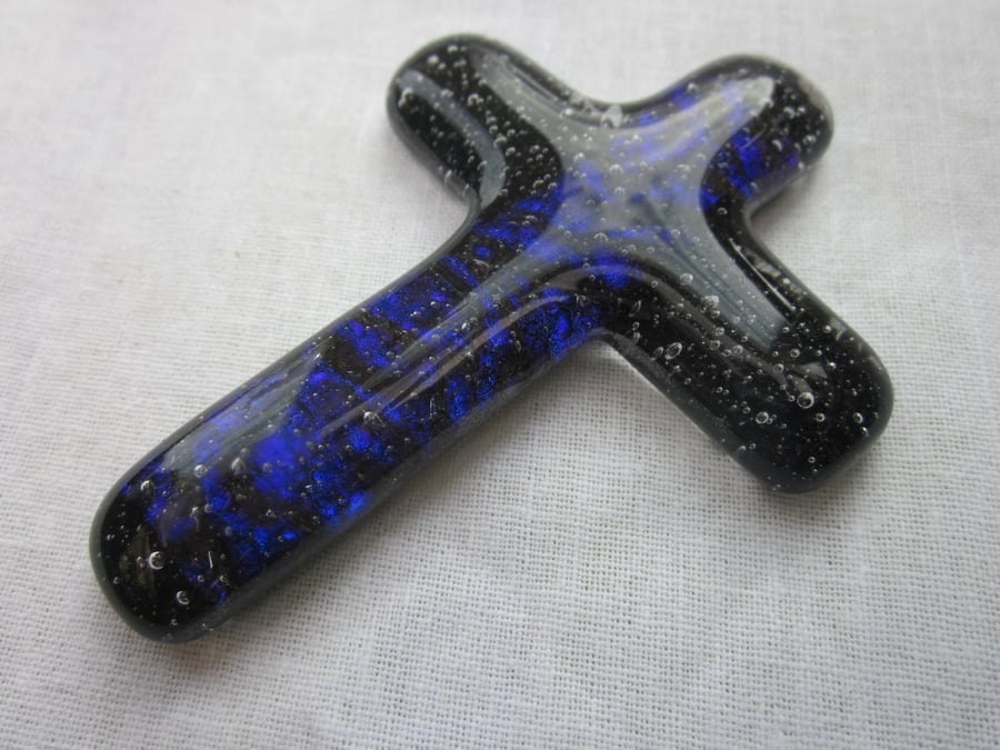 Handmade cast glass holding cross - Deep blue