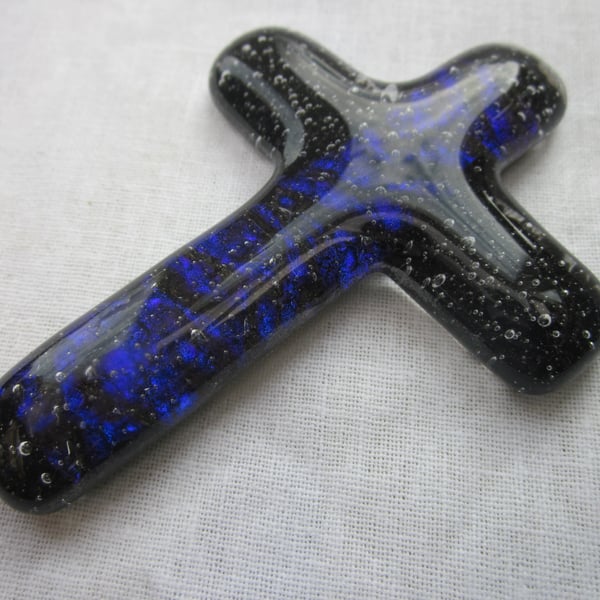 Handmade cast glass holding cross - Deep blue