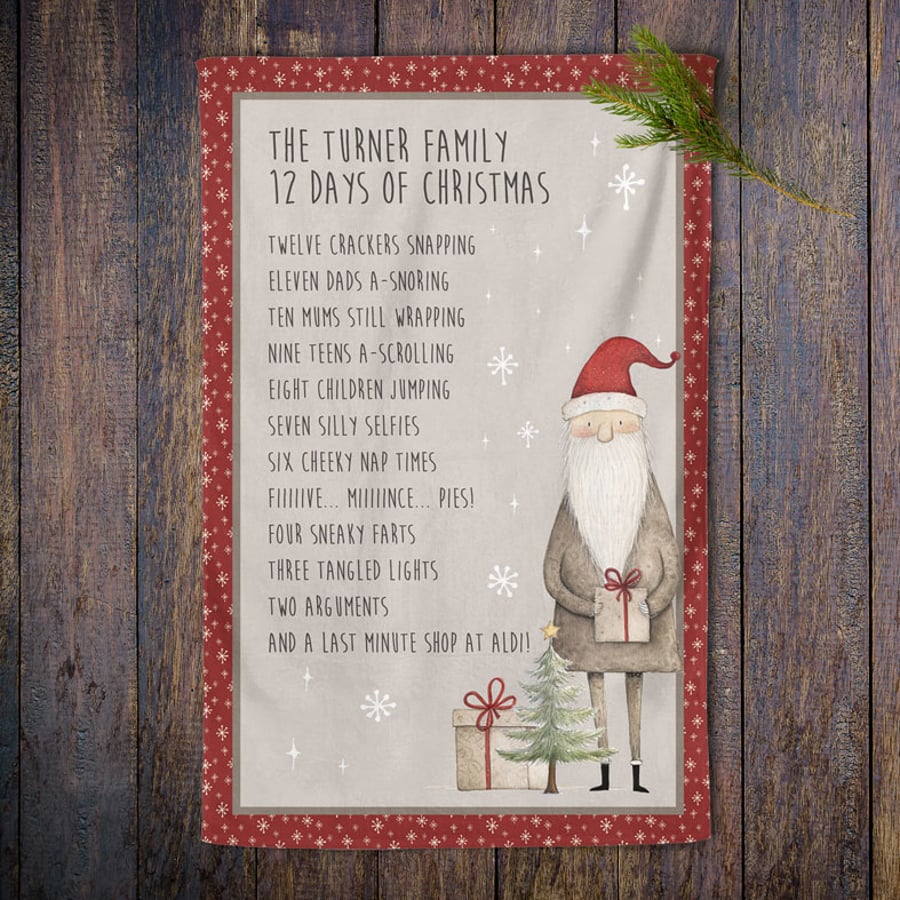 12 Days of Christmas Personalised Tea Towel - 100% cotton Kitchen Gift
